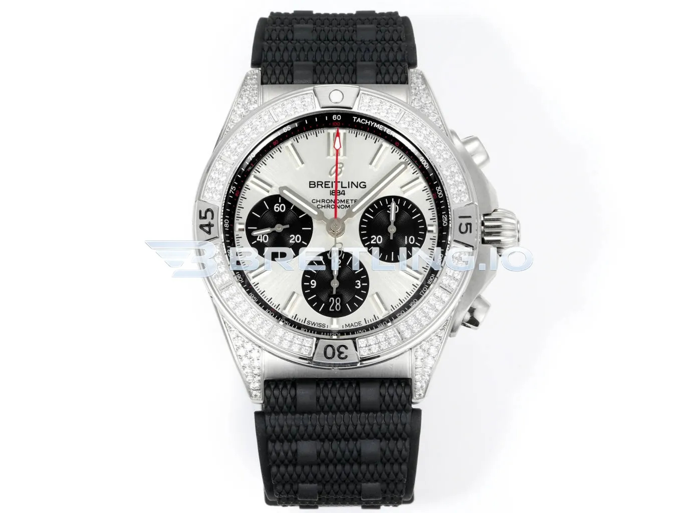 Breitling Chronomat AB0134721G1S2 42mm Silver Sunburst Chronograph Full Diamond Paved Ratchet Rotating Bezel Replica Front View