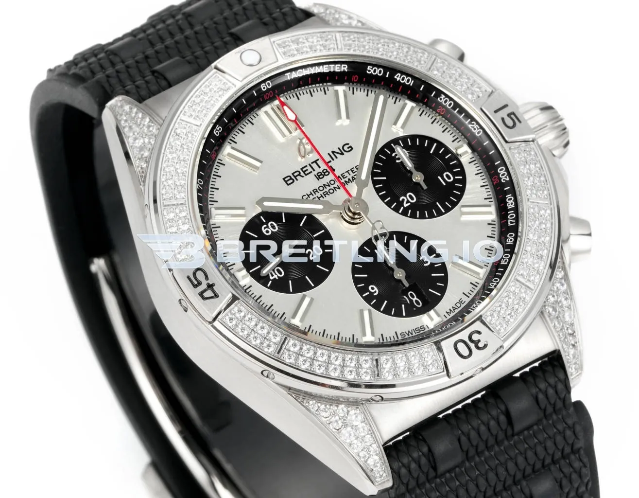 Breitling Chronomat AB0134721G1S2 42mm Silver Sunburst Chronograph Full Diamond Paved Ratchet Rotating Bezel Replica Side View 1