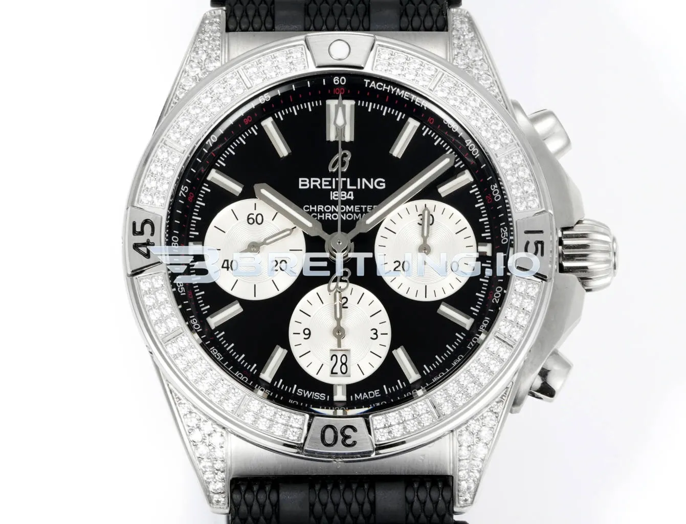Breitling Chronomat AB0134721B1S2 42mm Black Sunburst Panda Chronograph Full Diamond Paved Ratchet Rotating Bezel Replica Dial Detail 1