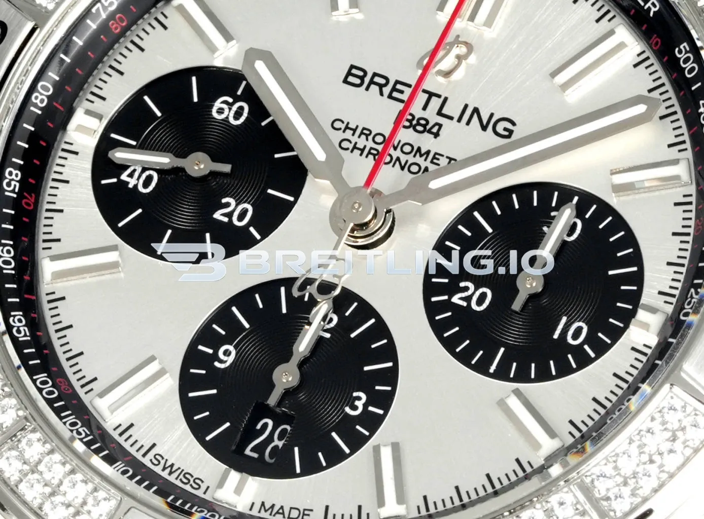 Breitling Chronomat AB0134721G1S2 42mm Silver Sunburst Chronograph Full Diamond Paved Ratchet Rotating Bezel Replica Dial Detail 2
