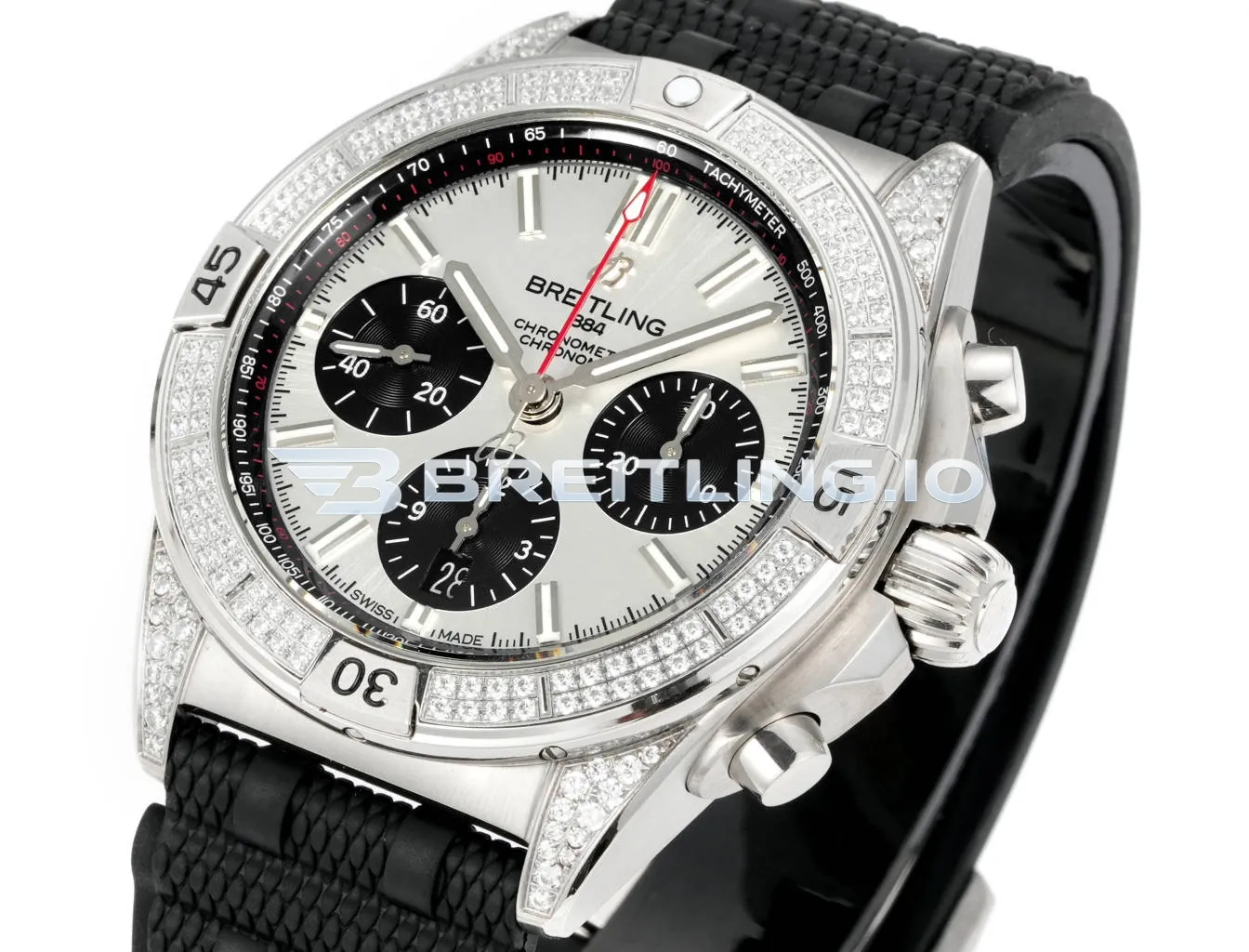 Breitling Chronomat AB0134721G1S2 42mm Silver Sunburst Chronograph Full Diamond Paved Ratchet Rotating Bezel Replica Side View 2