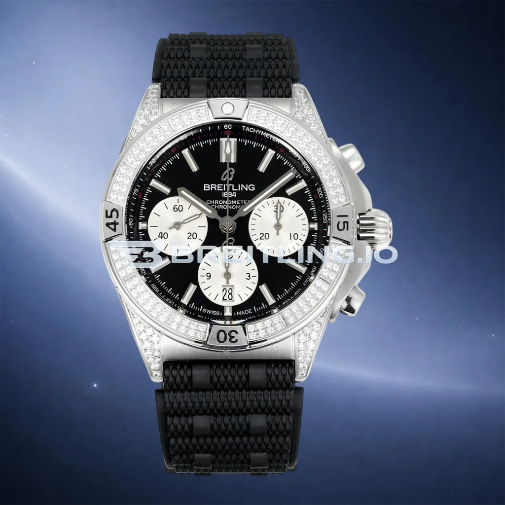 Breitling Chronomat AB0134721B1S2 42mm Black Sunburst Panda Chronograph Full Diamond Paved Ratchet Rotating Bezel Replica First Image