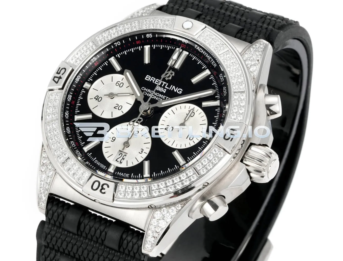 Breitling Chronomat AB0134721B1S2 42mm Black Sunburst Panda Chronograph Full Diamond Paved Ratchet Rotating Bezel Replica Side View 2
