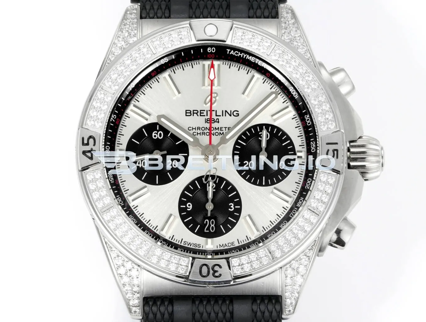 Breitling Chronomat AB0134721G1S2 42mm Silver Sunburst Chronograph Full Diamond Paved Ratchet Rotating Bezel Replica Dial Detail 1