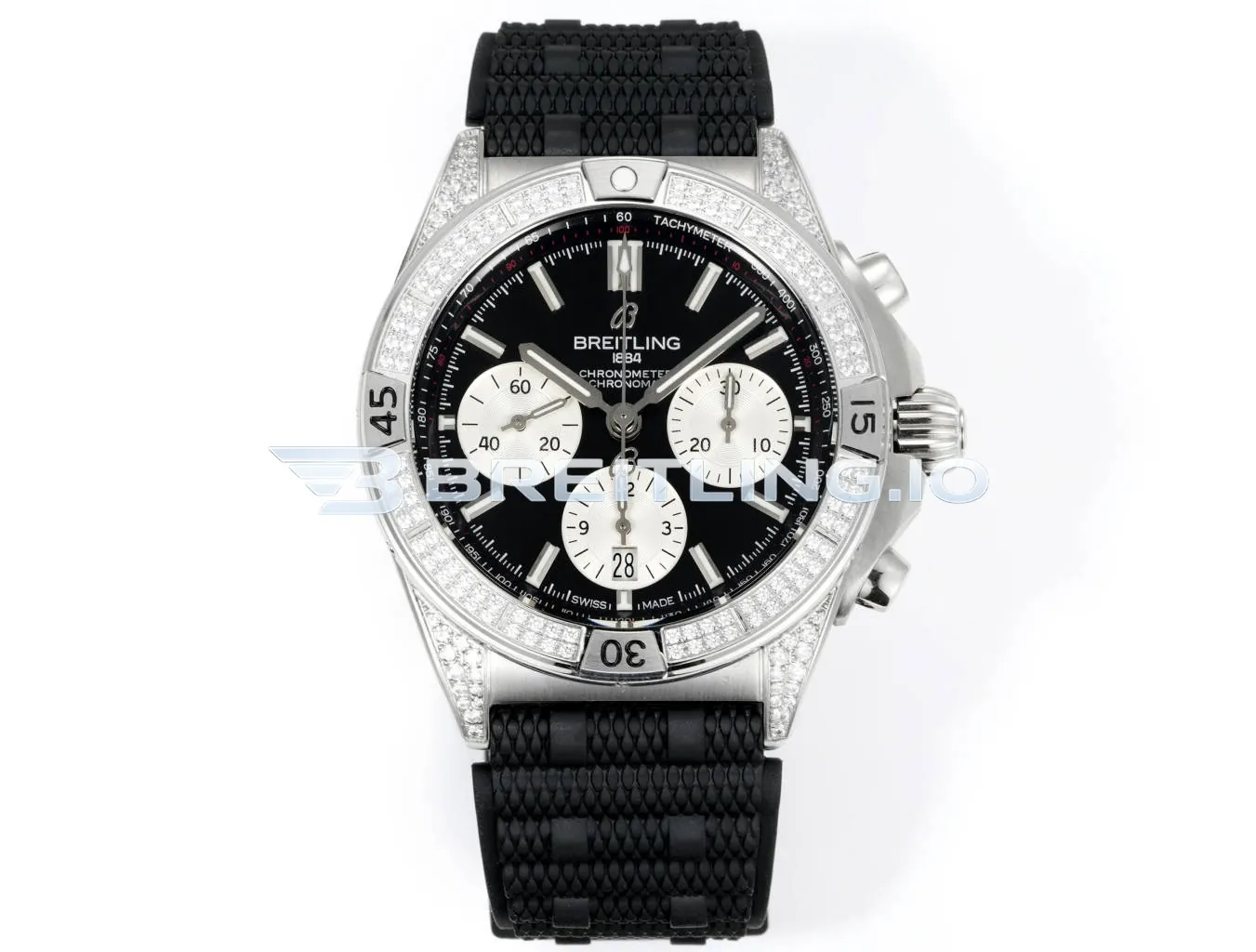 Breitling Chronomat AB0134721B1S2 42mm Black Sunburst Panda Chronograph Full Diamond Paved Ratchet Rotating Bezel Replica Front View