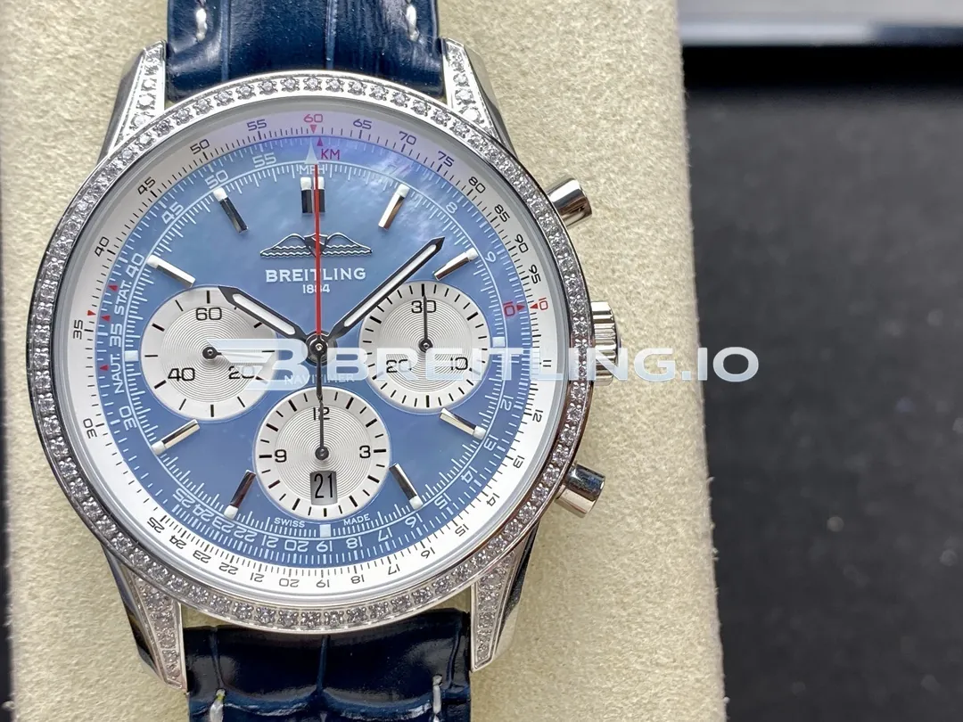 Breitling Navitimer B01 Chronograph AB01396A1C1P1 41mm Light Blue Mother-of-Pearl Dial Full Diamond Paved Fluted Slide Rule Bezel Replica Front View