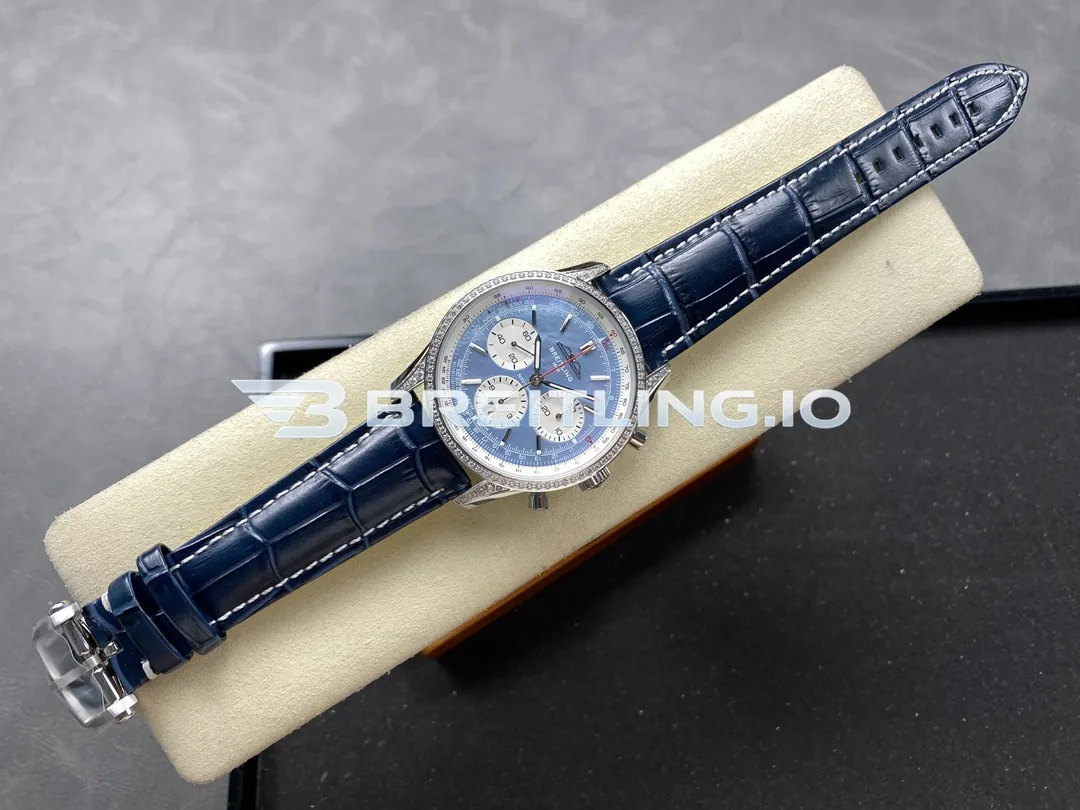 Breitling Navitimer B01 Chronograph AB01396A1C1P1 41mm Light Blue Mother-of-Pearl Dial Full Diamond Paved Fluted Slide Rule Bezel Replica Side View