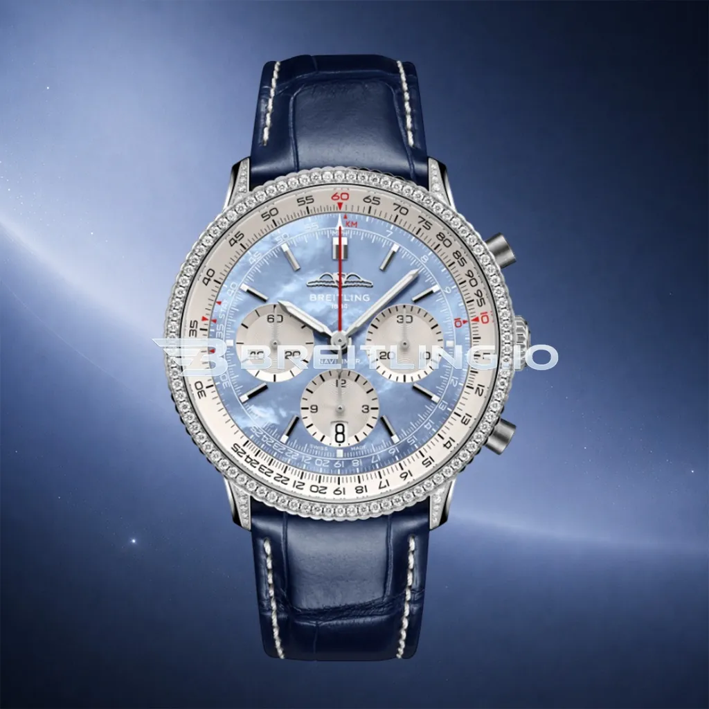 Breitling Navitimer B01 Chronograph AB01396A1C1P1 41mm Light Blue Mother-of-Pearl Dial Full Diamond Paved Fluted Slide Rule Bezel Replica First Image