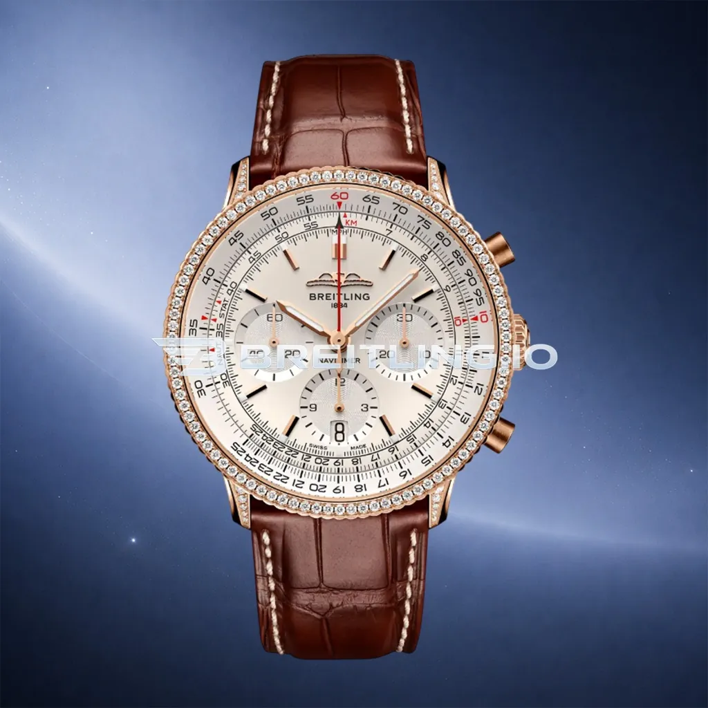 Breitling Navitimer RB0139631G1P1 41mm White Dial Diamond Bezel 18K Rose Gold Brown Leather Automatic Chronograph Replica First Image