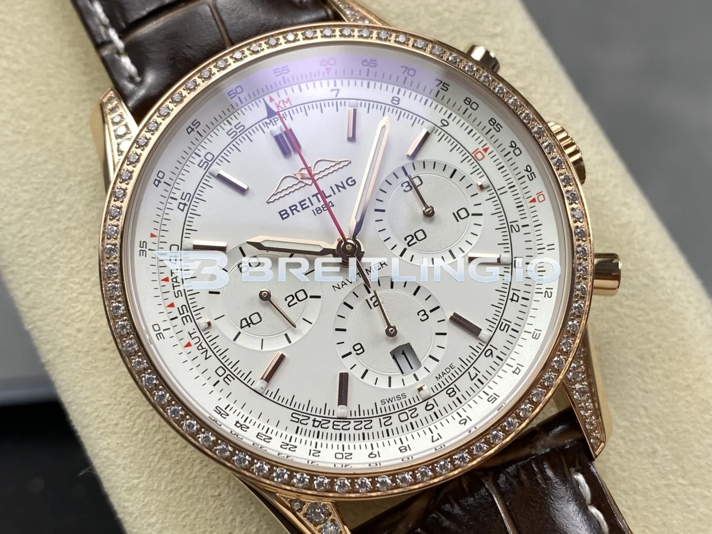 Breitling Navitimer RB0139631G1P1 41mm White Dial Diamond Bezel 18K Rose Gold Brown Leather Automatic Chronograph Replica Dial Detail 1