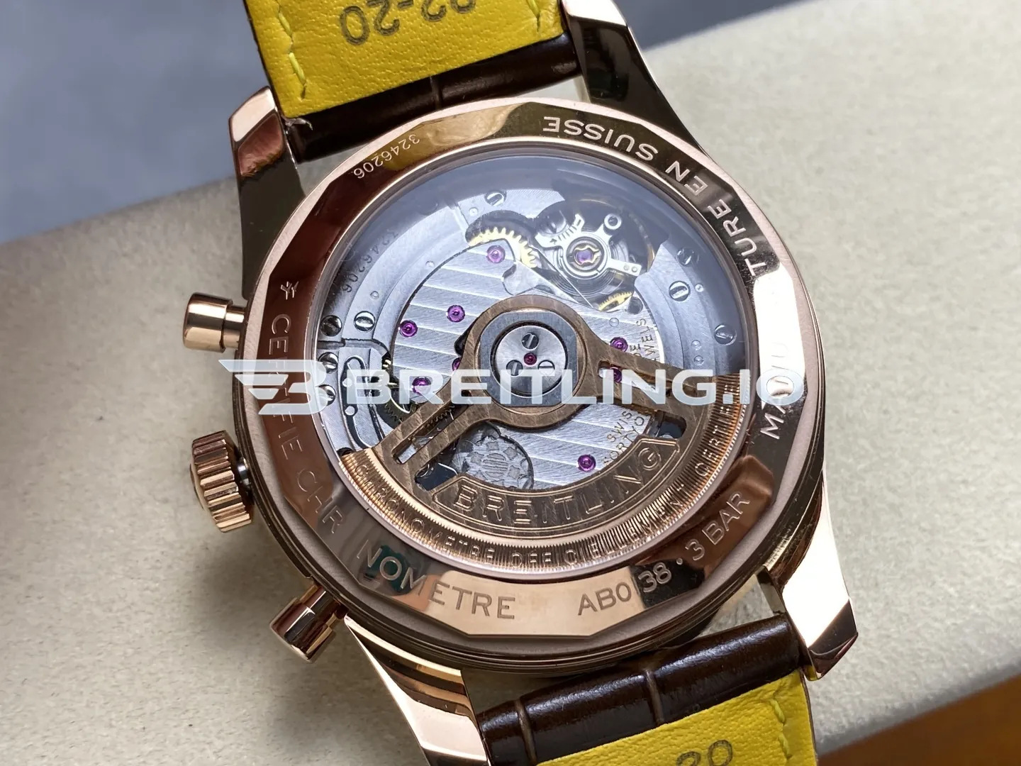 Breitling Navitimer RB0139631G1P1 41mm White Dial Diamond Bezel 18K Rose Gold Brown Leather Automatic Chronograph Replica Back View