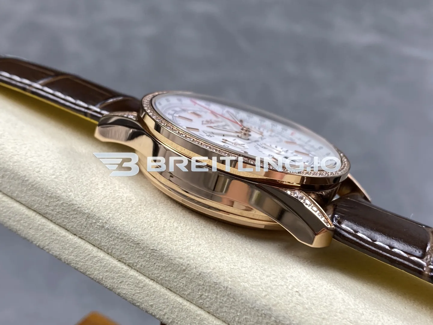 Breitling Navitimer RB0139631G1P1 41mm White Dial Diamond Bezel 18K Rose Gold Brown Leather Automatic Chronograph Replica Left View