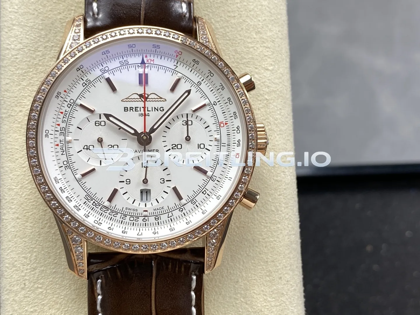 Breitling Navitimer RB0139631G1P1 41mm White Dial Diamond Bezel 18K Rose Gold Brown Leather Automatic Chronograph Replica Front View