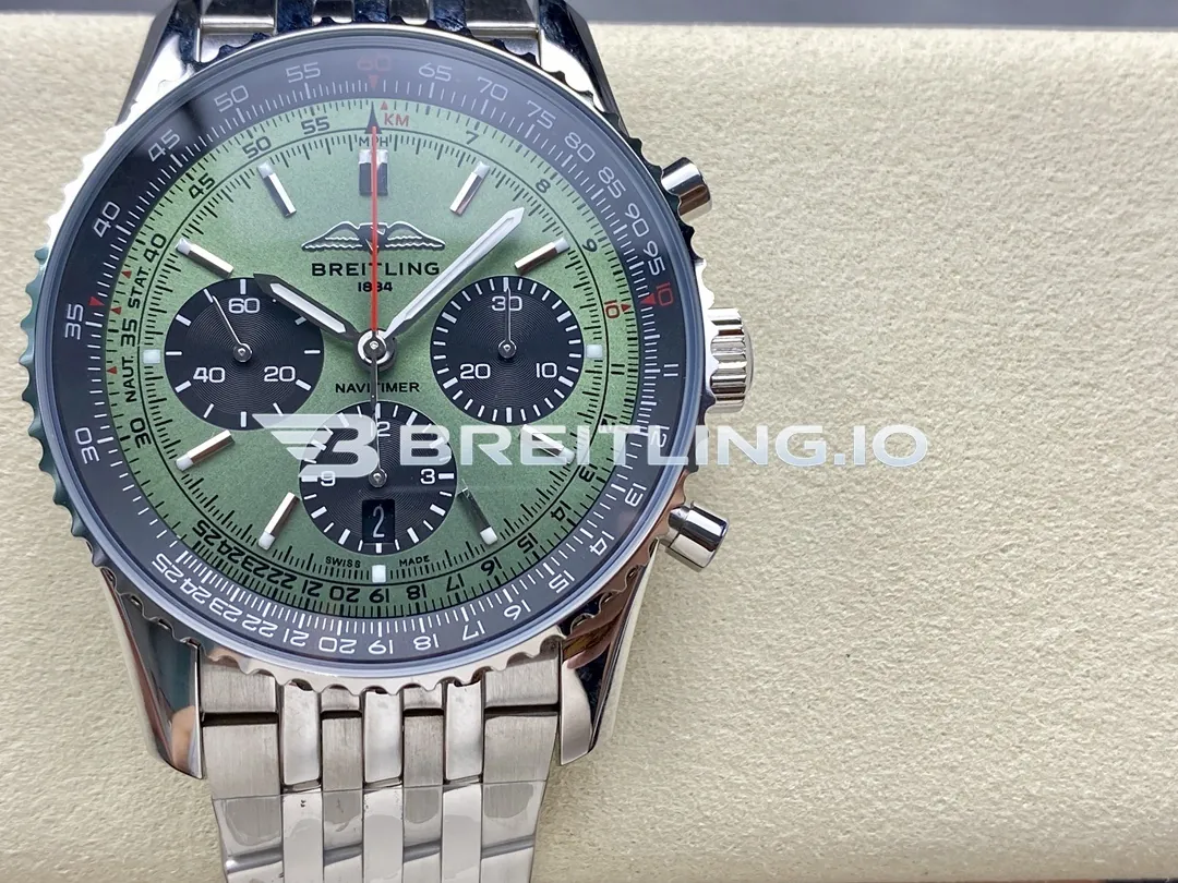 Breitling Navitimer Chronograph 43 AB0138241L1A1 Light Green Sunburst Dial Stainless Steel Slide Rule Bezel Replica Front View