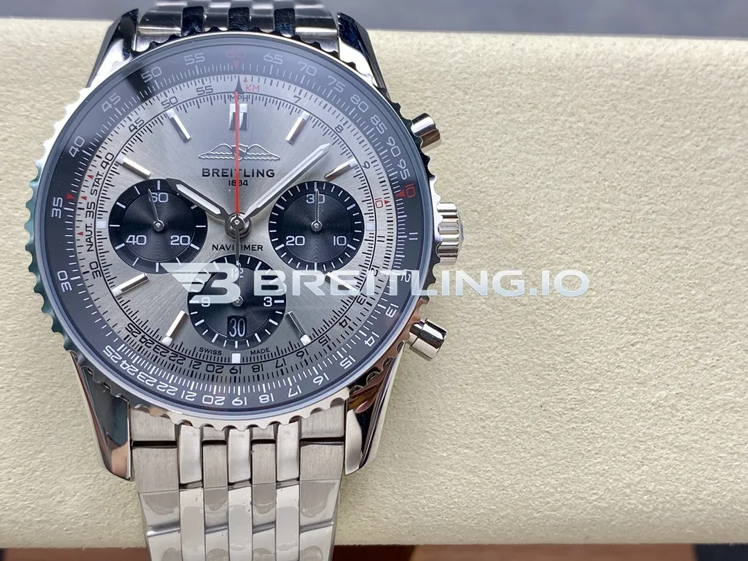Breitling Navitimer B01 Chronograph 43 AB0138241G1A1 Silver Dial Slide Rule Bezel Steel Metal Bracelet Replica Front View