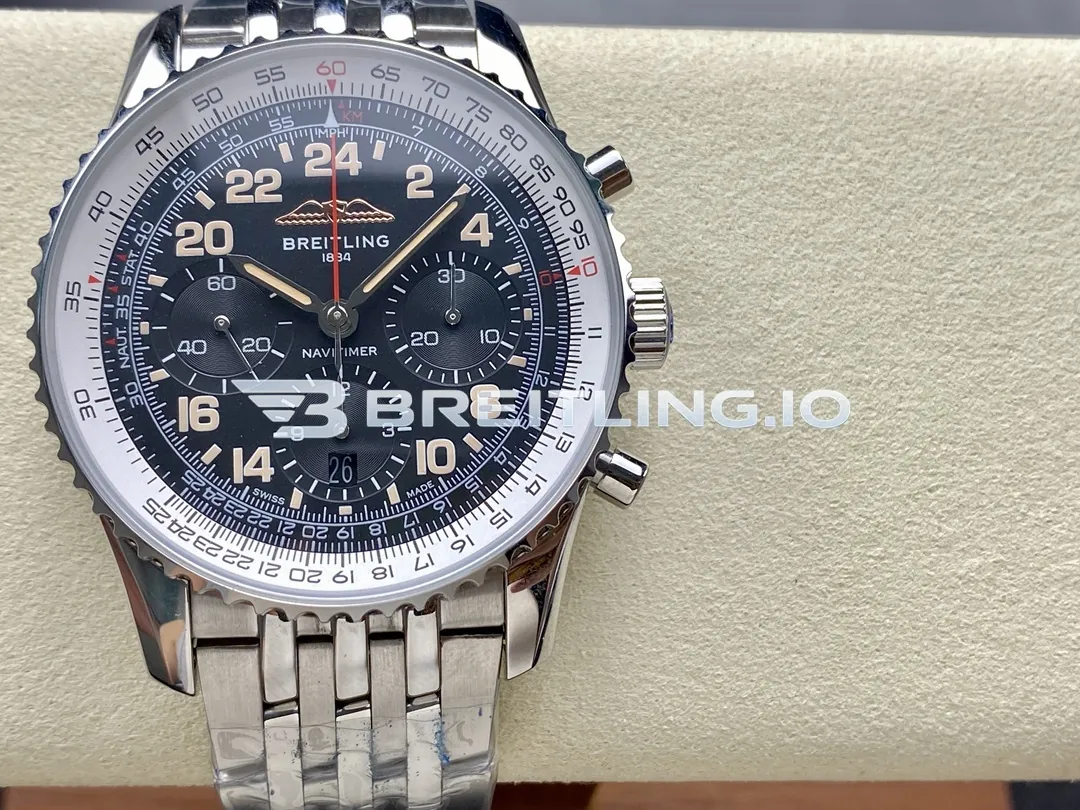 Breitling Navitimer Chronograph 41 PB02301A1B1A1 Black Dial Stainless Steel Slide Rule Bezel Pilot Replica Front View
