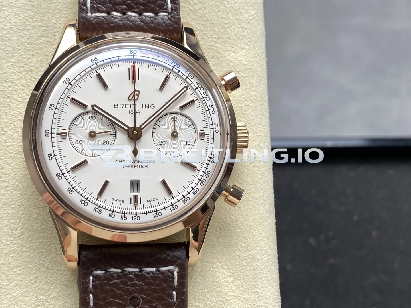 Breitling Premier B01 RB0118371G1P1 42mm Cream White Dial 18K Rose Gold Brown Leather Replica Front View
