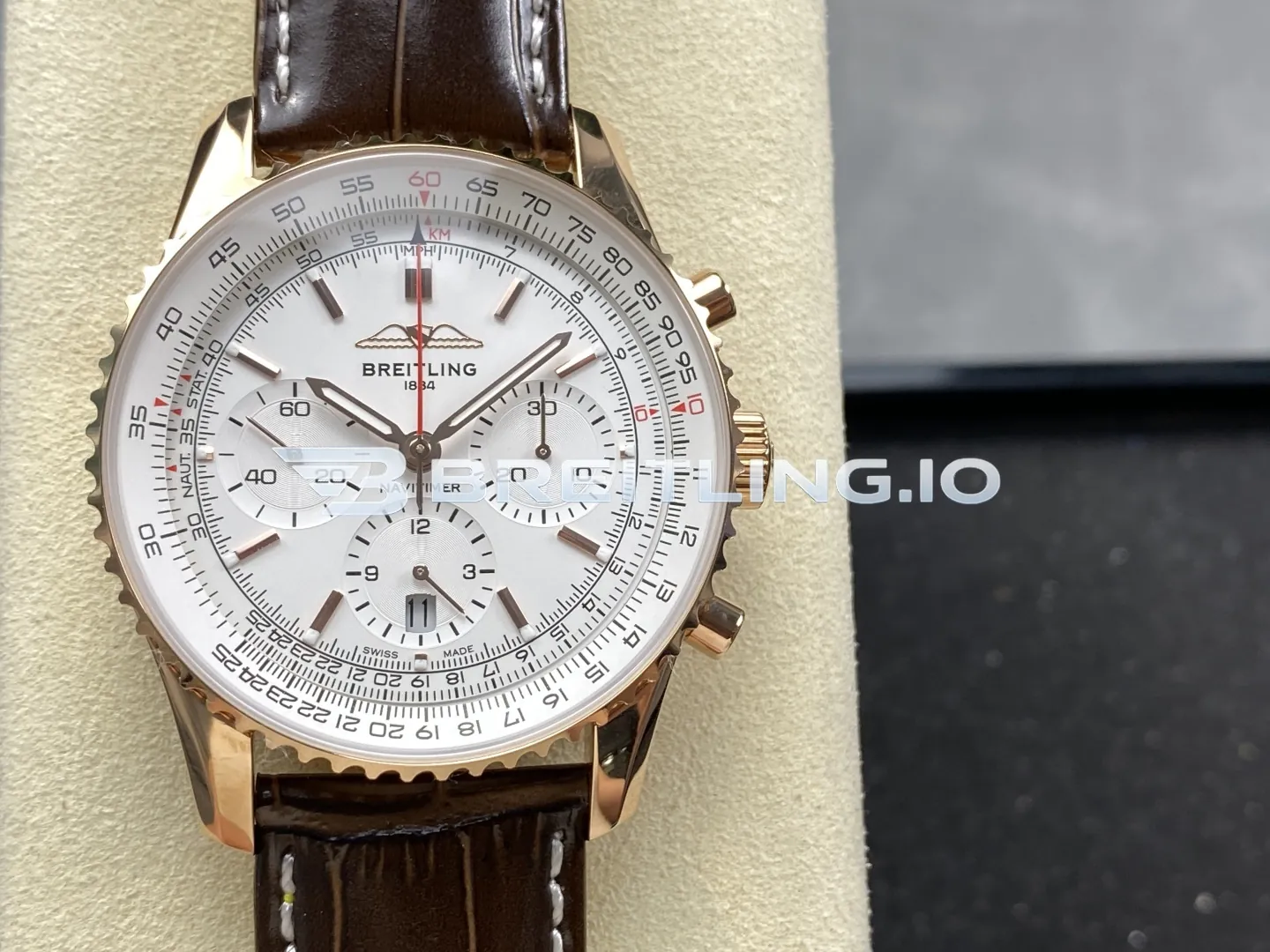 Breitling Navitimer B01 RB0139211G1P1 41mm White Dial 18K Rose Gold Brown Leather Replica Front View