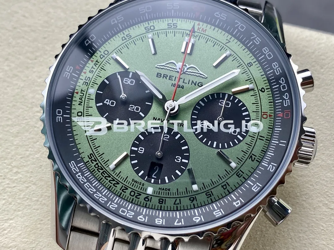 Breitling Navitimer Chronograph 43 AB0138241L1A1 Light Green Sunburst Dial Stainless Steel Slide Rule Bezel Replica Dial Detail 2