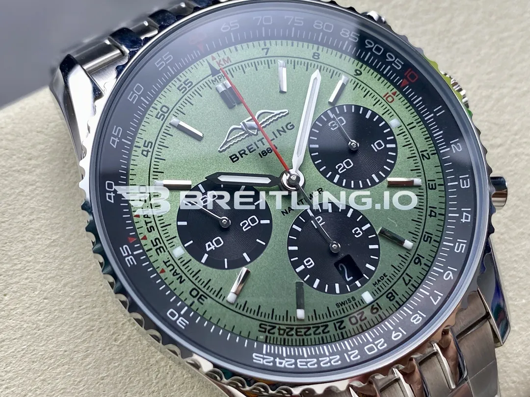 Breitling Navitimer Chronograph 43 AB0138241L1A1 Light Green Sunburst Dial Stainless Steel Slide Rule Bezel Replica Dial Detail 1