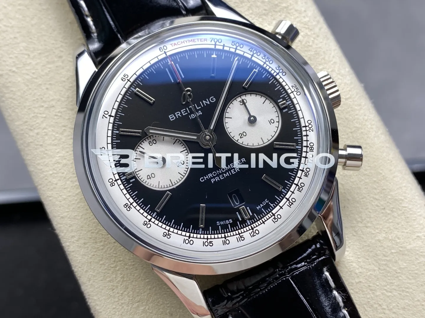 Breitling Premier B01 Chronograph AB0118371B1P2 42mm Black Dial 316L Steel Black Leather Replica Dial Detail 1