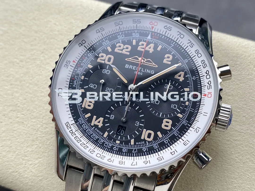 Breitling Navitimer Chronograph 41 PB02301A1B1A1 Black Dial Stainless Steel Slide Rule Bezel Pilot Replica Dial Detail 2