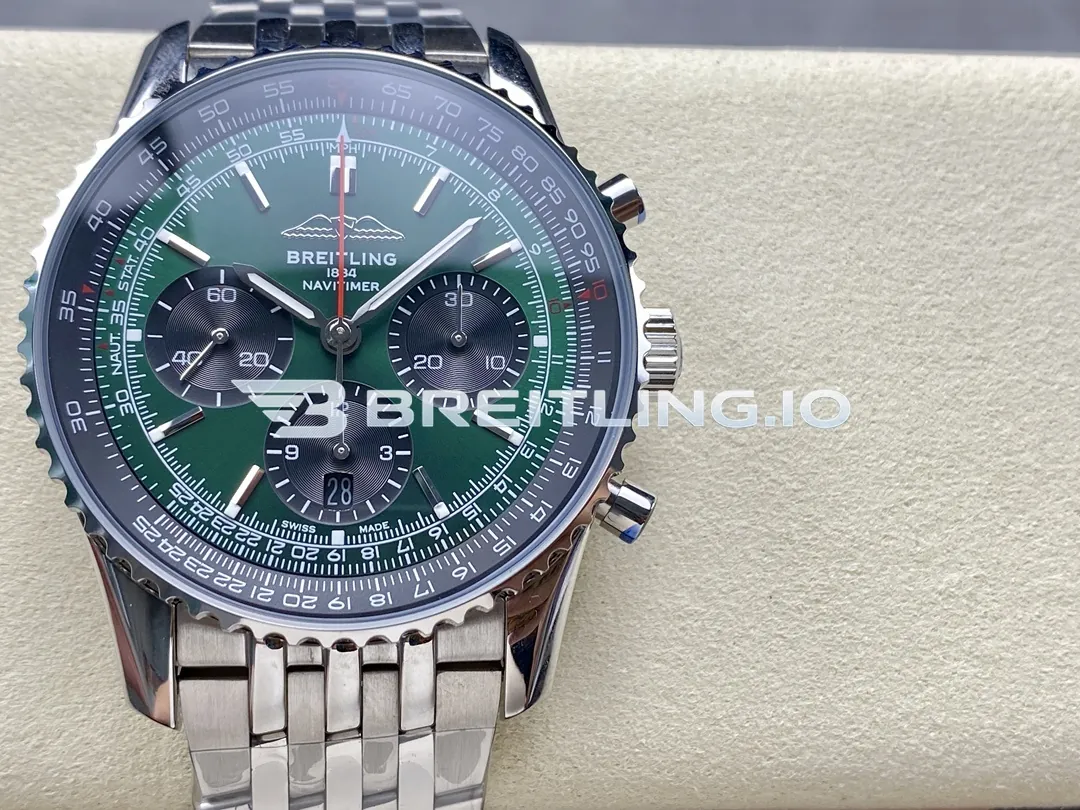 Breitling Navitimer B01 Chronograph 43 AB0137241L1A1 Green Dial Slide Rule Bezel Steel Metal Bracelet Replica Front View