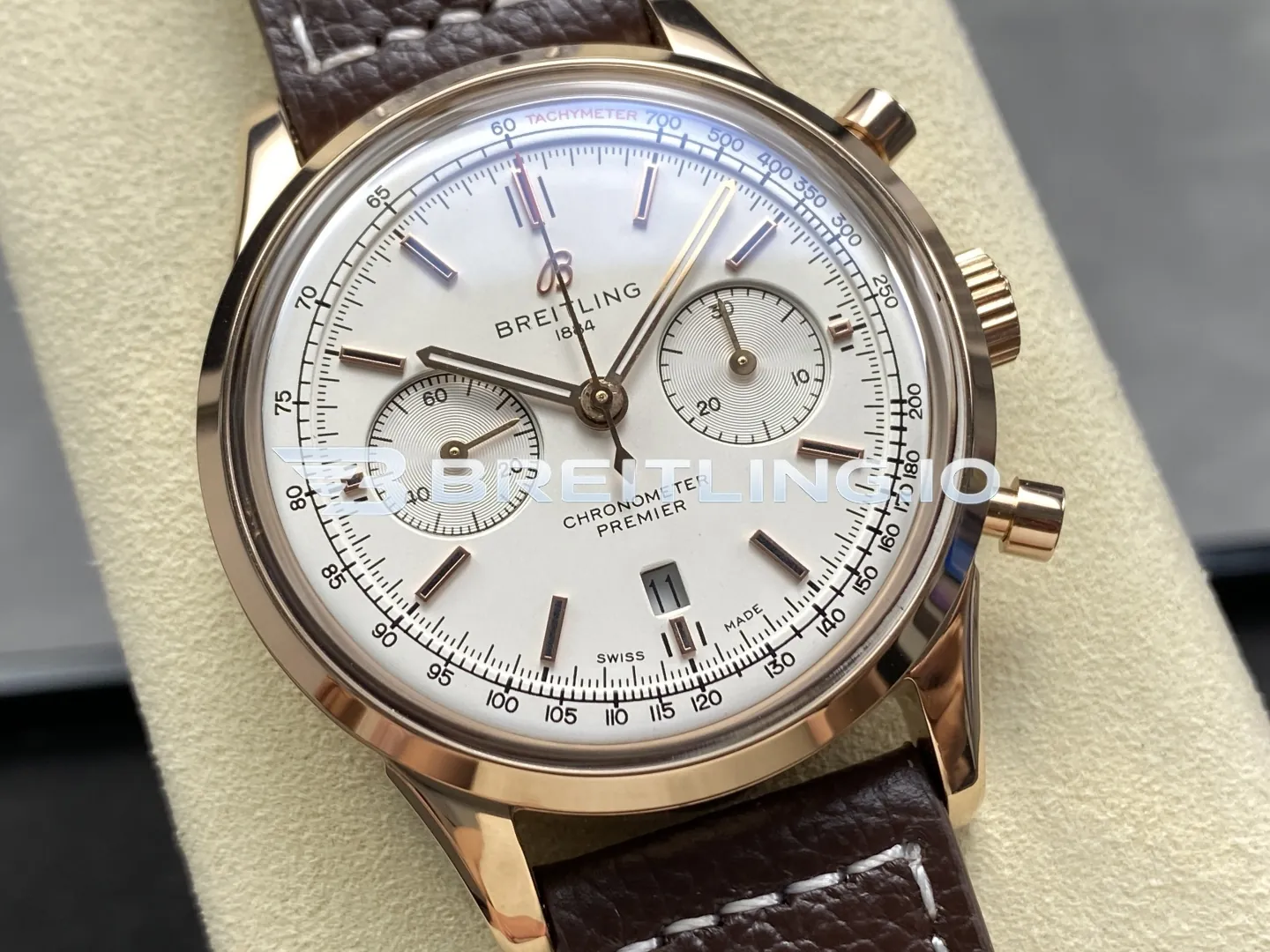 Breitling Premier B01 RB0118371G1P1 42mm Cream White Dial 18K Rose Gold Brown Leather Replica Dial Detail 1