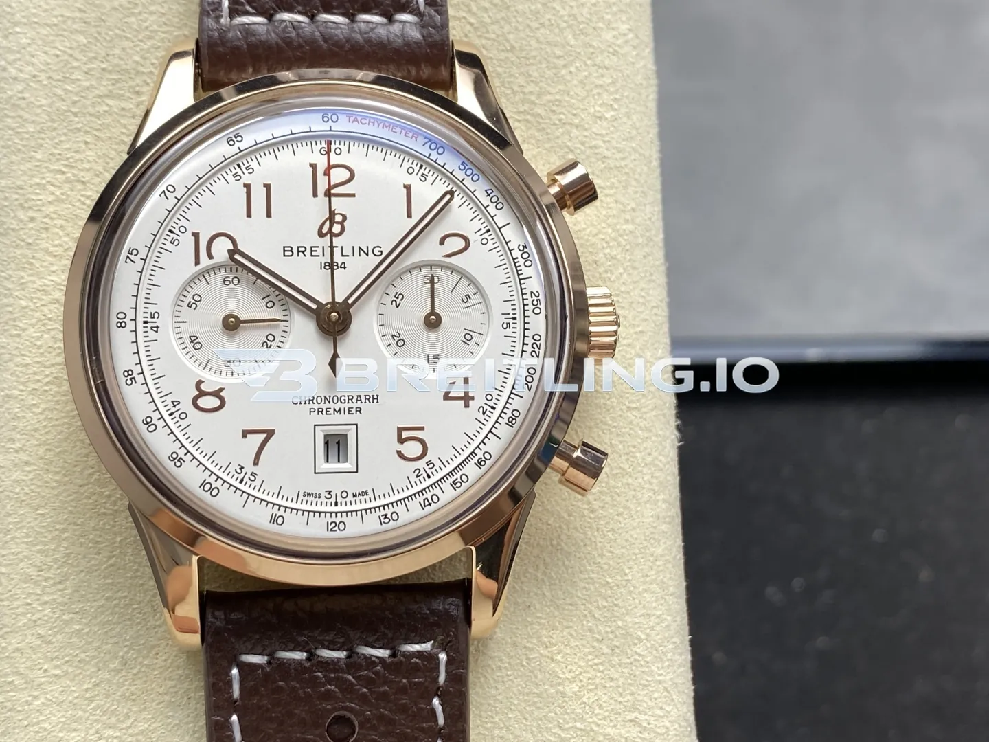 Breitling Premier B01 RB0145371G1P1 42mm Cream White Dial 18K Rose Gold Brown Leather Chronograph Replica Front View