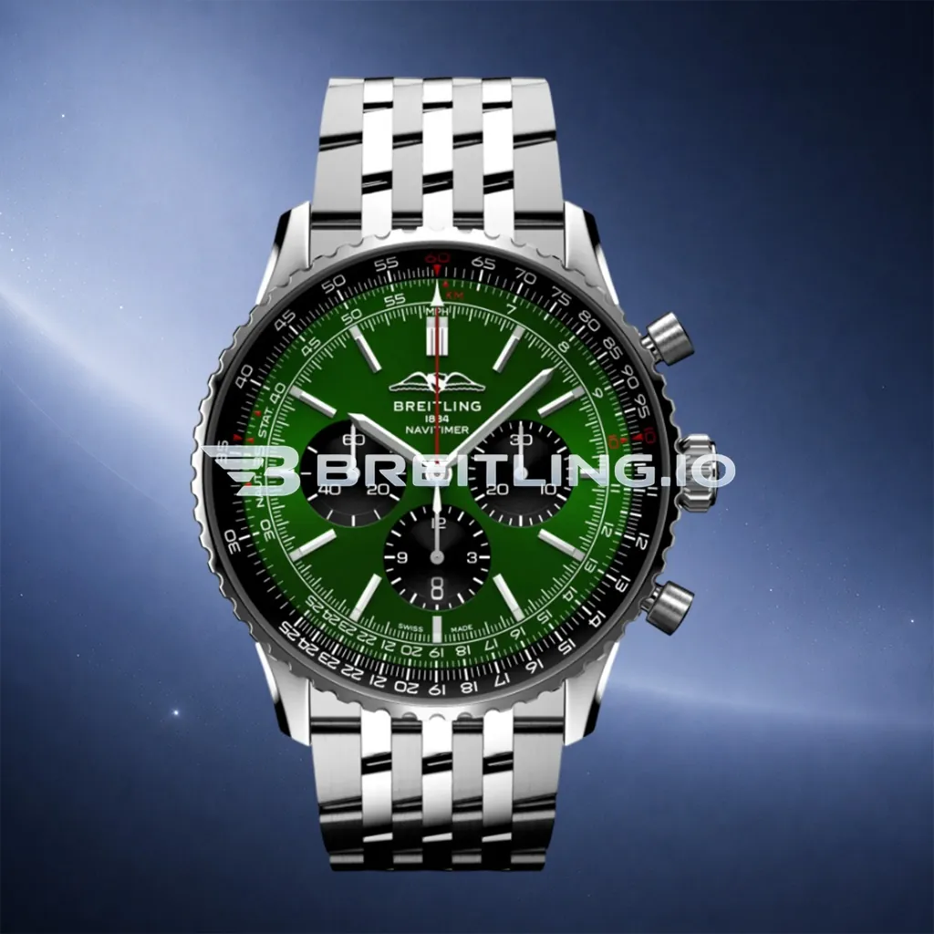 Breitling Navitimer B01 Chronograph 43 AB0137241L1A1 Green Dial Slide Rule Bezel Steel Metal Bracelet Replica First Image