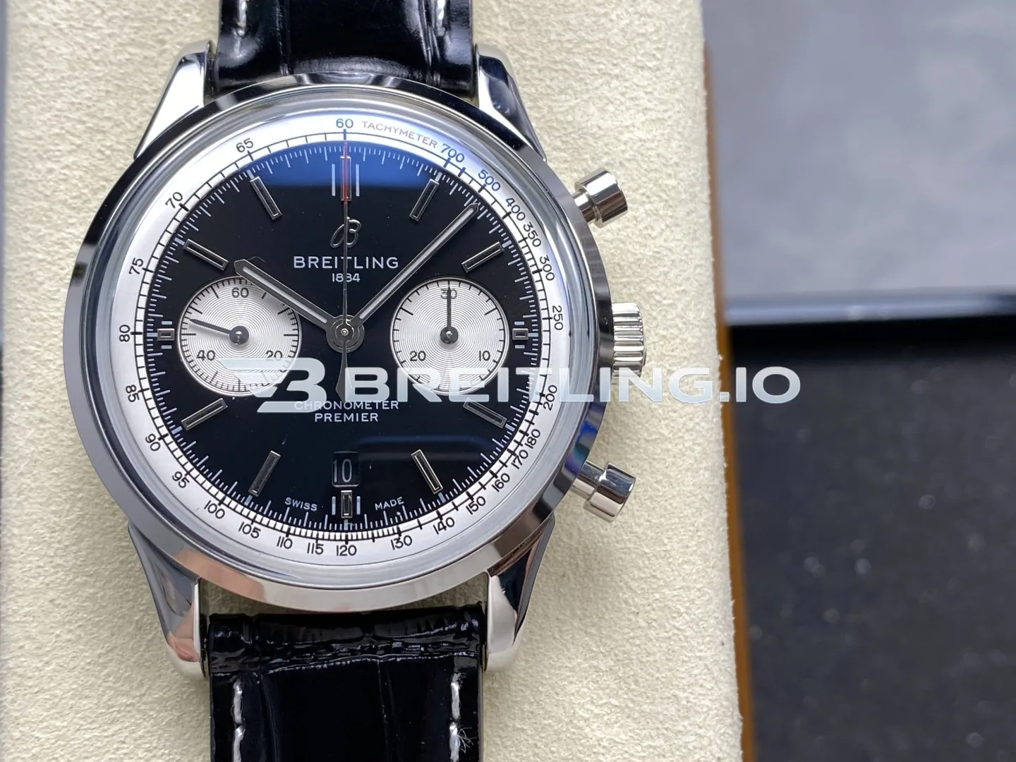 Breitling Premier B01 Chronograph AB0118371B1P2 42mm Black Dial 316L Steel Black Leather Replica Front View