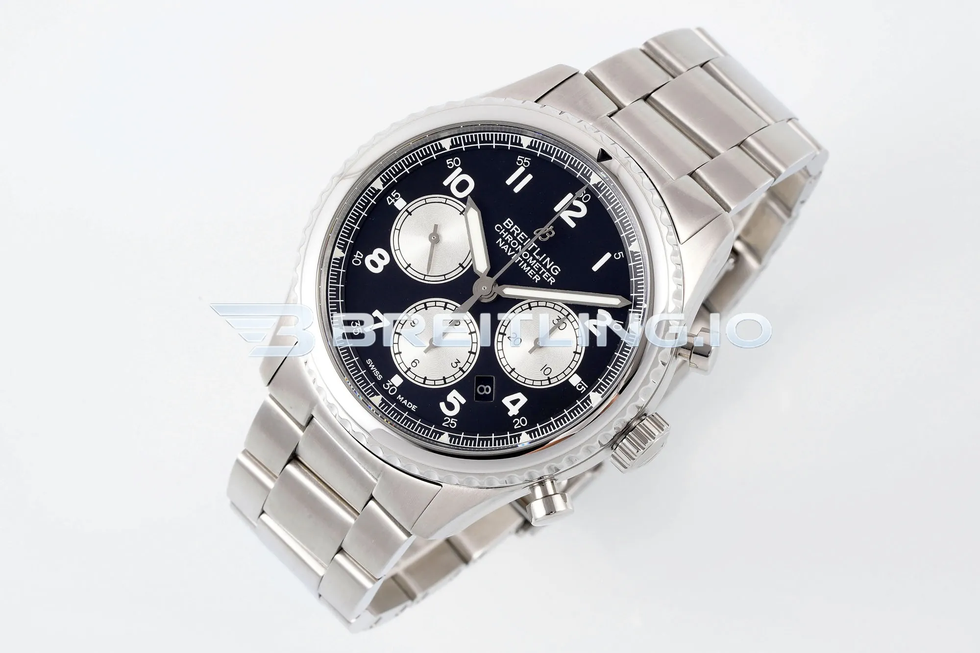 Breitling Navitimer 8 B01 Chronograph 43 AB0117131B1A1 Black Arabic Numeral Dial Stainless Steel Slide Rule Bezel Pilot Replica Front View