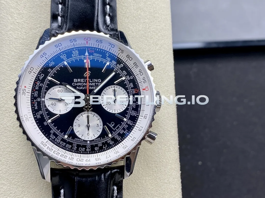 Breitling Navitimer B01 Chronograph 43 AB0121211B1X1 Gloss Black Sunburst Dial Steel Black Leather Aviation Replica Front View