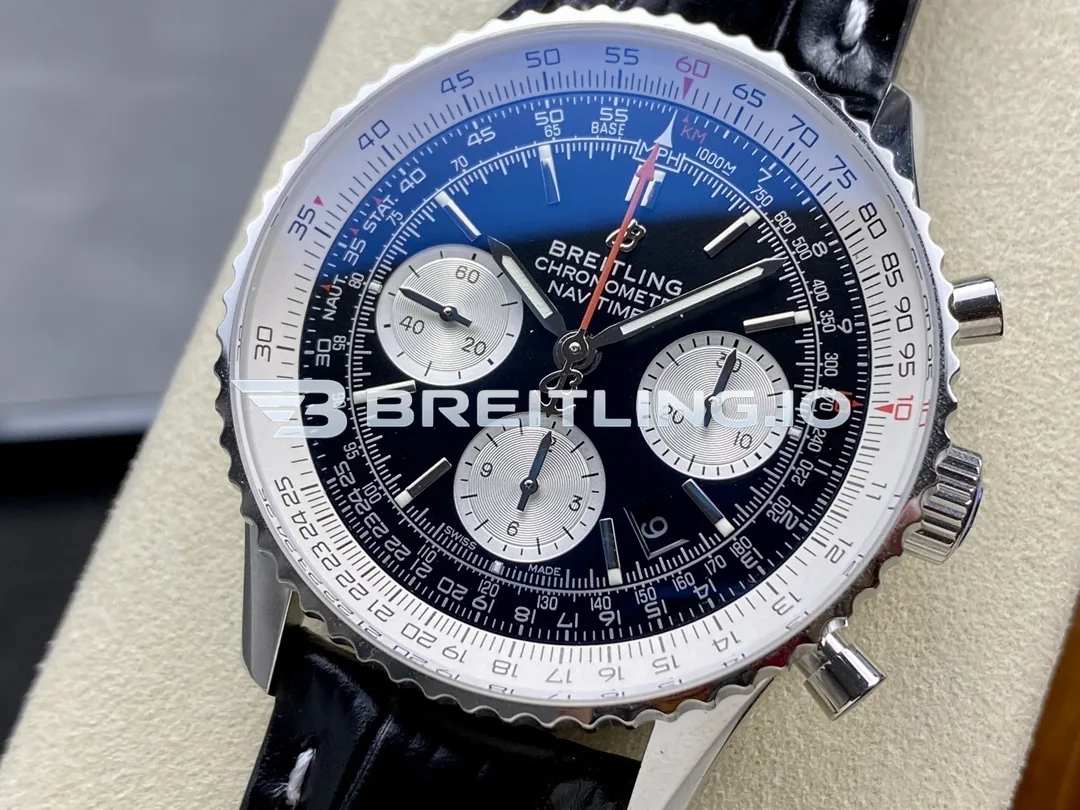 Breitling Navitimer B01 Chronograph 43 AB0121211B1X1 Gloss Black Sunburst Dial Steel Black Leather Aviation Replica Dial Detail 2