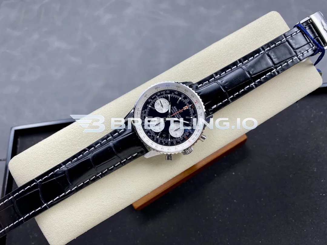 Breitling Navitimer B01 Chronograph 43 AB0121211B1X1 Gloss Black Sunburst Dial Steel Black Leather Aviation Replica Side View