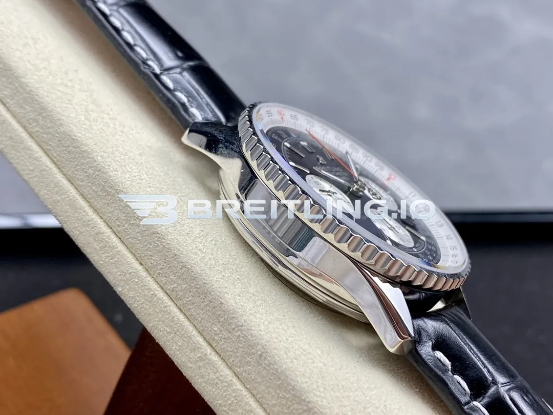 Breitling Navitimer B01 Chronograph 43 AB0121211B1X1 Gloss Black Sunburst Dial Steel Black Leather Aviation Replica Left View