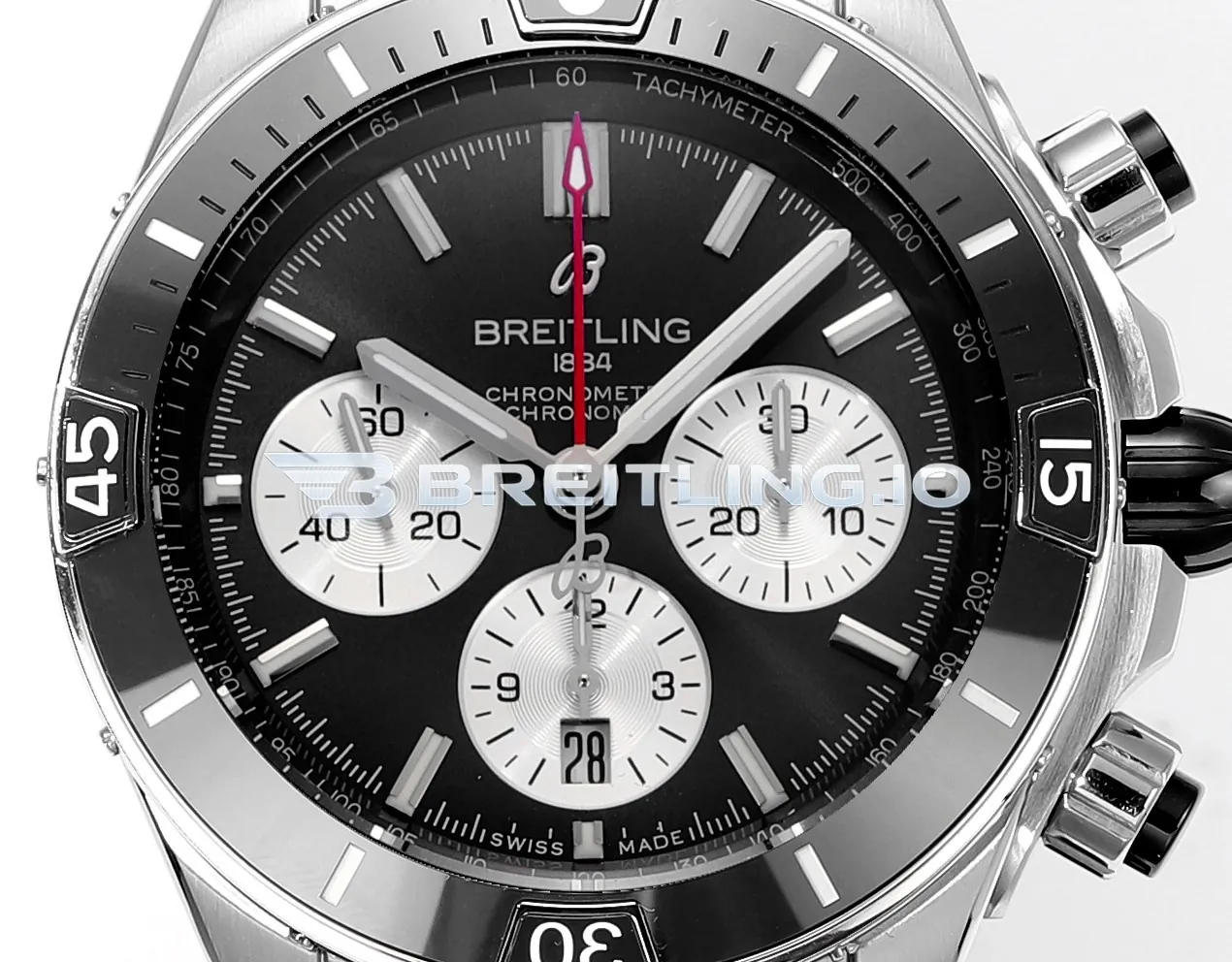 Breitling Super Chronomat B01 44  AB0136251B1S1 Black Panda Dial Steel Rubber Strap Chronograph Replica Dial Detail 1