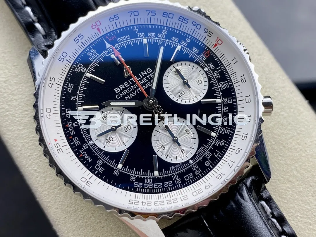 Breitling Navitimer B01 Chronograph 43 AB0121211B1X1 Gloss Black Sunburst Dial Steel Black Leather Aviation Replica Dial Detail 1