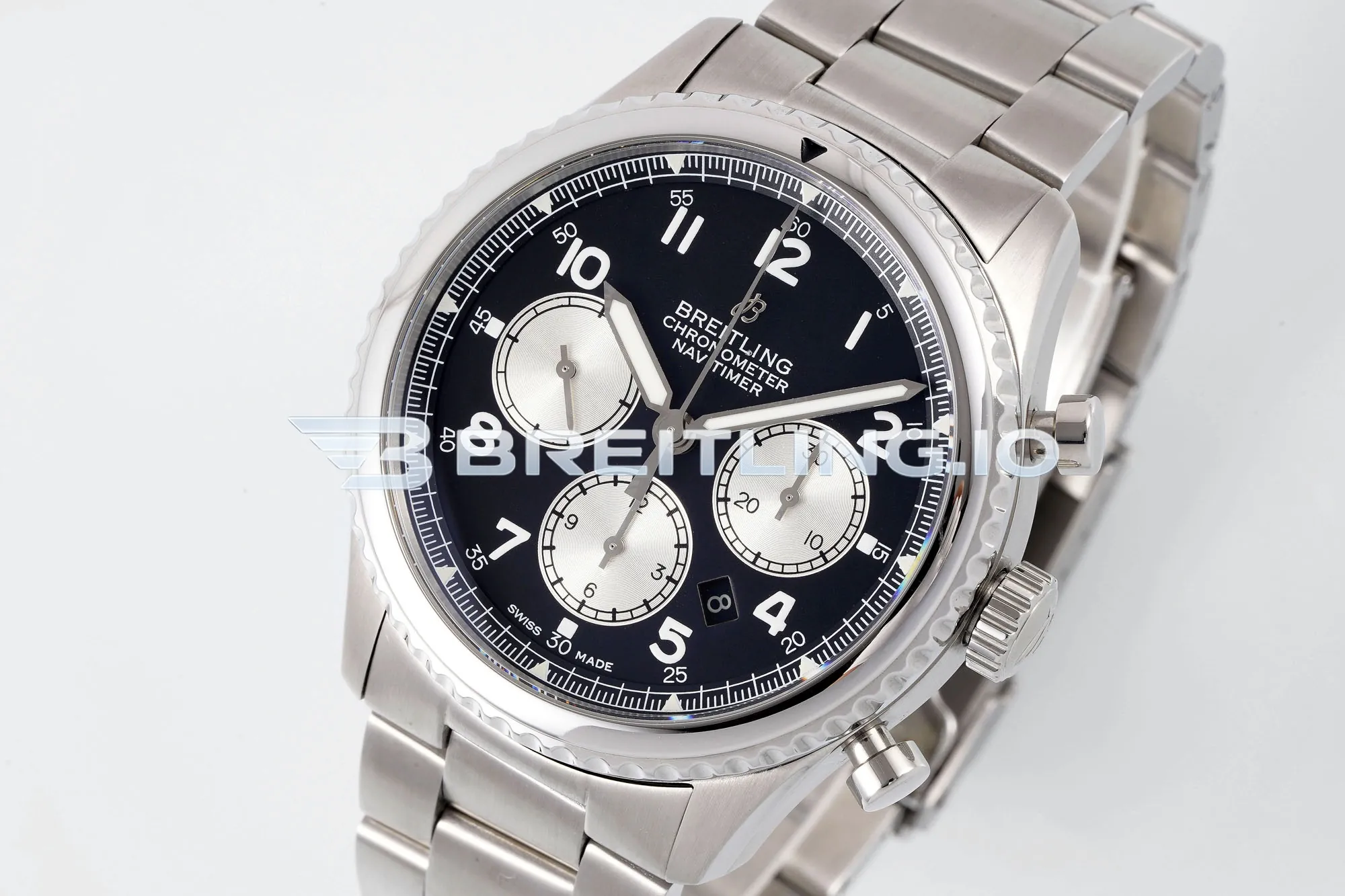 Breitling Navitimer 8 B01 Chronograph 43 AB0117131B1A1 Black Arabic Numeral Dial Stainless Steel Slide Rule Bezel Pilot Replica Side View 2