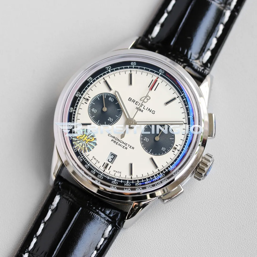 Breitling Premier B01 Chronograph 42 AB0118221G1P1 Cream White Panda Dial 316L Steel Bezel Black Leather Replica Side View 2