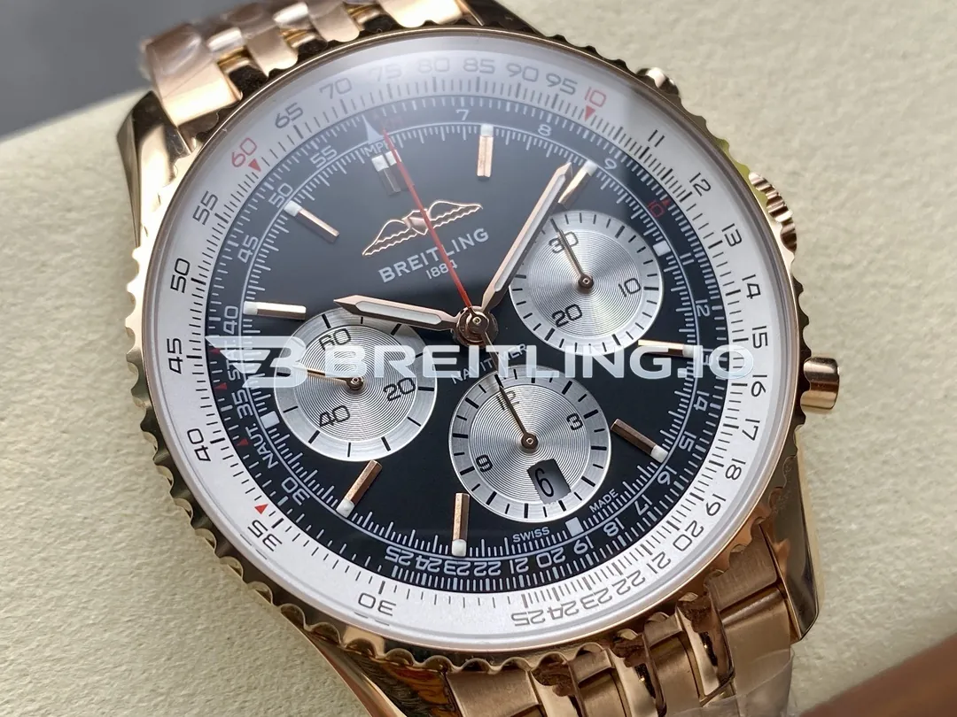 Breitling Navitimer B01 Chronograph 43 RB0138211B1R1 Black Panda Dial 18K Rose Gold Metal Bezel Bracelet Aviation Replica Dial Detail 1