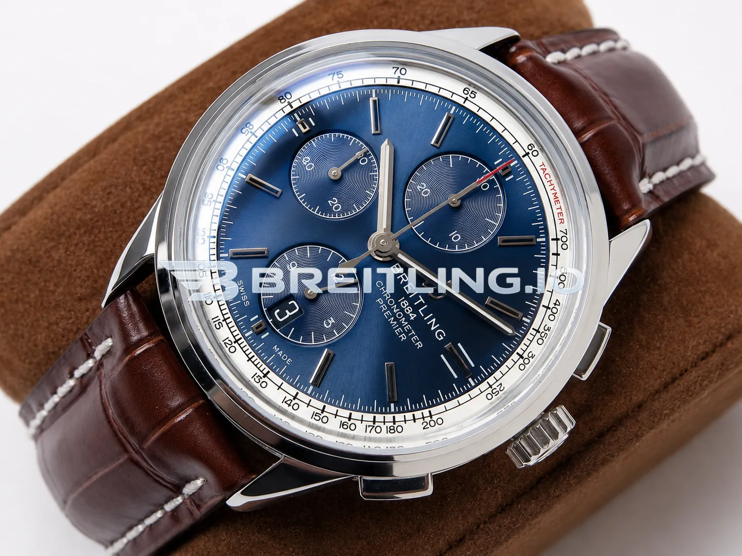 Breitling Premier Chronograph 42 A13315351C1P2 Deep Blue Sunburst Dial Steel Brown Leather Dress Replica Side View 2
