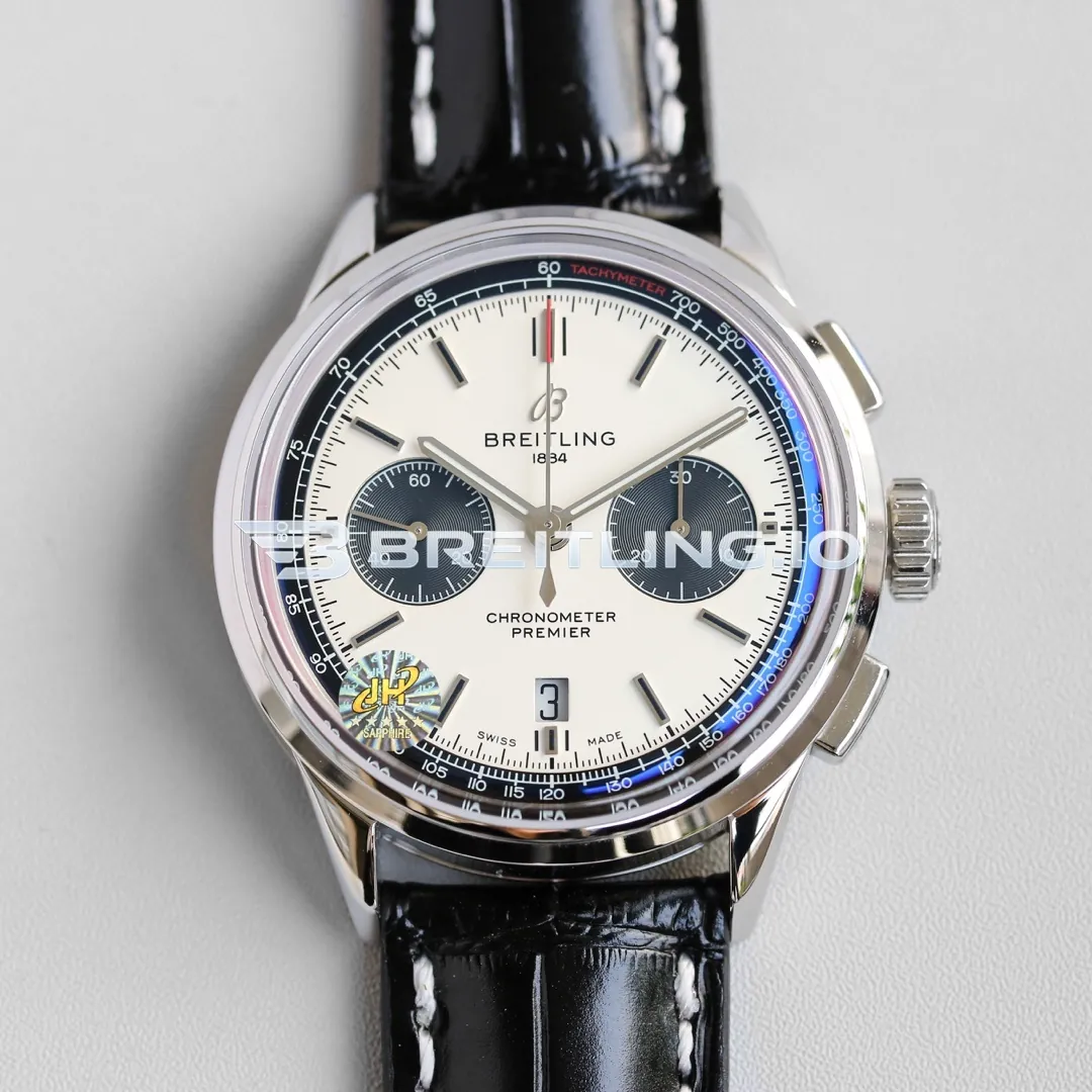 Breitling Premier B01 Chronograph 42 AB0118221G1P1 Cream White Panda Dial 316L Steel Bezel Black Leather Replica Front View