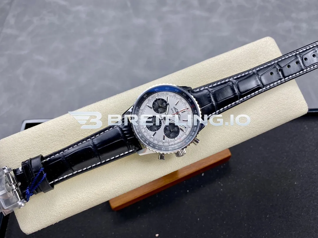 Breitling Navitimer B01 Chronograph 43 AB0138241G1P1 Silver Panda Dial Steel Slide Rule Bezel Black Leather Aviation Replica Side View