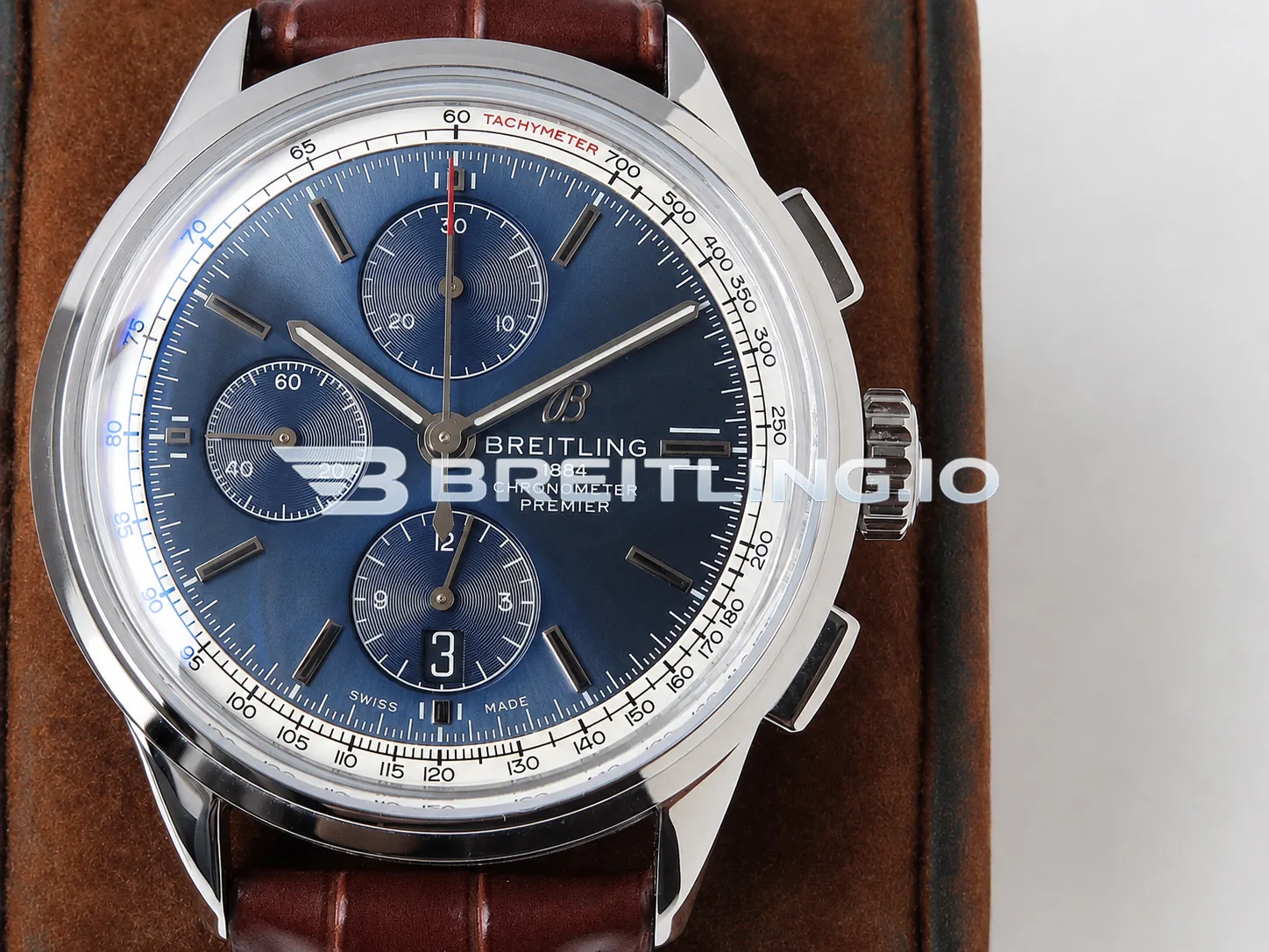 Breitling Premier Chronograph 42 A13315351C1P2 Deep Blue Sunburst Dial Steel Brown Leather Dress Replica Dial Detail 1