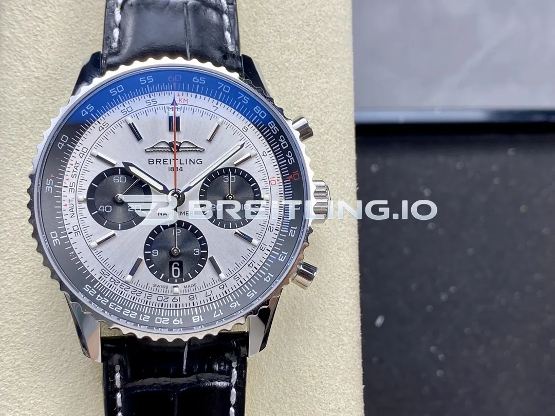 Breitling Navitimer B01 Chronograph 43 AB0138241G1P1 Silver Panda Dial Steel Slide Rule Bezel Black Leather Aviation Replica Front View