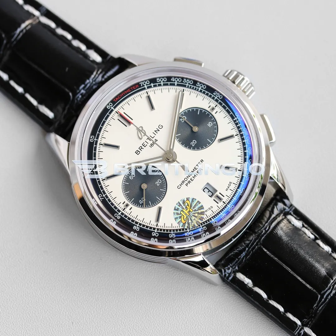 Breitling Premier B01 Chronograph 42 AB0118221G1P1 Cream White Panda Dial 316L Steel Bezel Black Leather Replica Side View 1