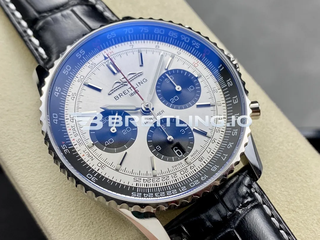 Breitling Navitimer B01 Chronograph 43 AB0138241G1P1 Silver Panda Dial Steel Slide Rule Bezel Black Leather Aviation Replica Dial Detail 1