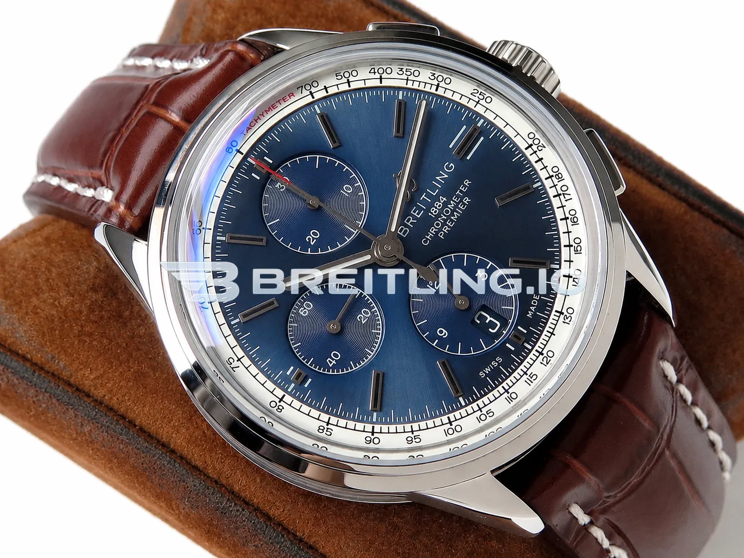 Breitling Premier Chronograph 42 A13315351C1P2 Deep Blue Sunburst Dial Steel Brown Leather Dress Replica Side View 1