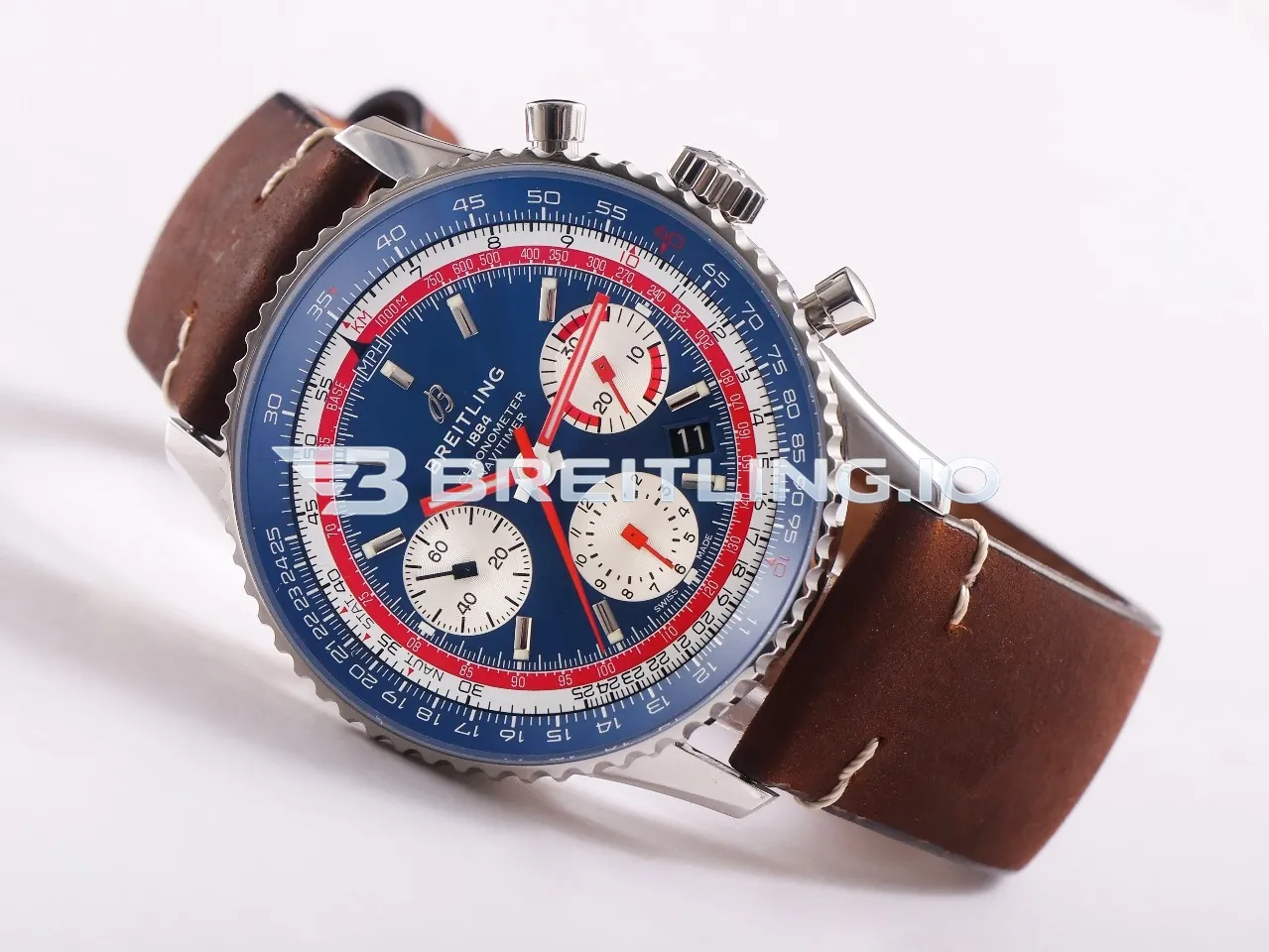 Breitling Navitimer B01 Chronograph 43 AB01212B1C1X2 Blue Dial Rotating Pepsi Two-Tone Slide Rule Bezel Replica Side View